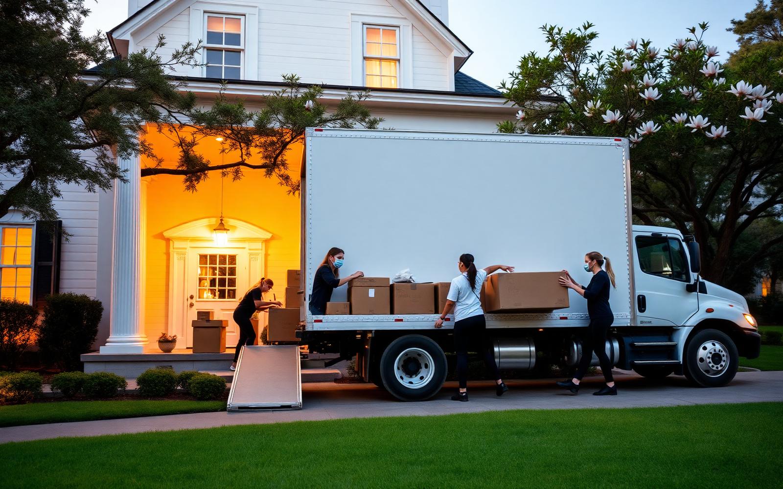 Female movers from Let's Geaux Moving carefully loading a moving truck outside a Louisiana home